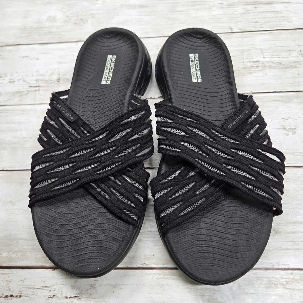Skechers On-the-GO 600 Slide Sandals Women 6 Black White Stretch Knit